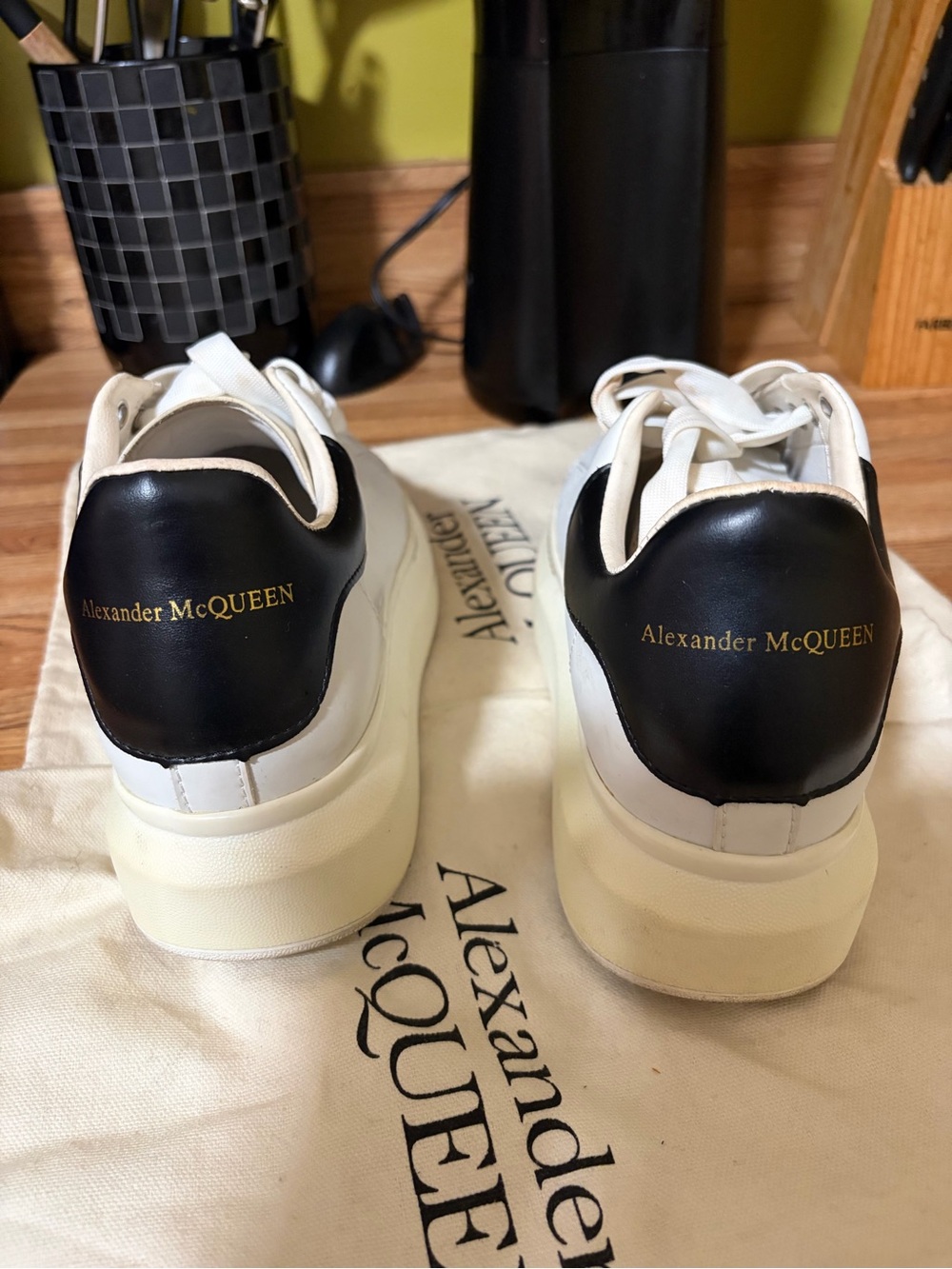 Alexander McQueen White Leather Platform Sneakers with Black Heel Accent - Picture 2 of 5
